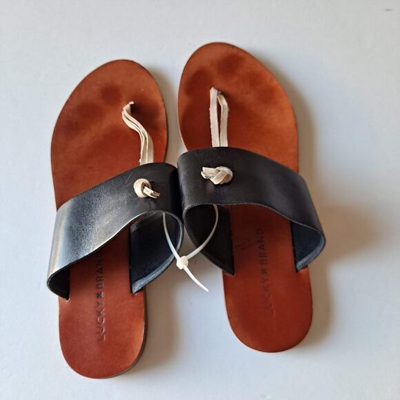 Lucky Brand Ari Black Leather White Knot Slide Thong Flat Sandals - Size 8M - Picture 4 of 10